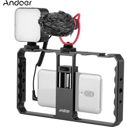 Andoer Smartphone Video Rig Grip with Rig LED Light Microphone with Shock Mount for Vlog Film-making for iPhone Samsung HUAWEI