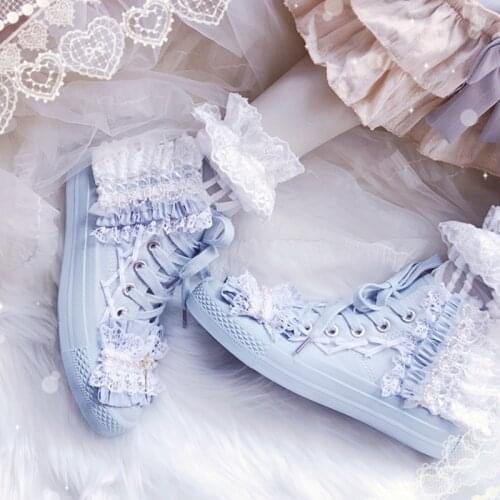 Hand-made White Lace Sweet Lolita Style Canvas Shoes Fresh Ice Blue Lace-up Womens Shoes Students Casual Flats Shoe Loafers