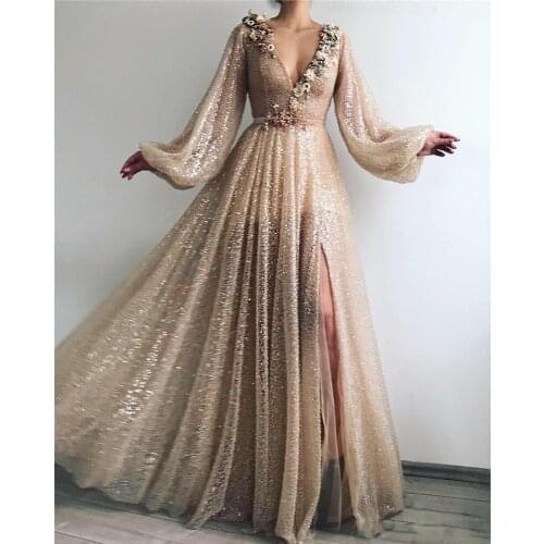 Shiny Gold Sequins Tulle Prom Dresses Long Sleeve V Neck Sexy Split Formal Evening Party Gowns Abendkleider Cheap Custom Made