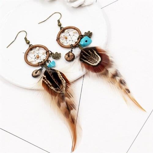 Bohemian Hollow Dream Catcher Leaf Feather Earrings For Women Indian Jewelry Blue Natural Stone Drop Dangle Earrings