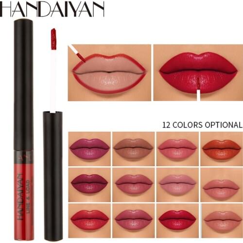 HANDAIYAN 12 Colors Matte Lip Gloss Two in One Lip Liner Lipstick Liquid Matte Waterproof Lip Tint Full Sexy Lip Makeup Cosmetic