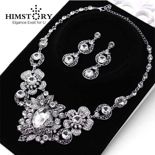 HIMSTORY High Quality Luxury Oversize Crystal Wedding Jewelry Sets Hollow-out Flower Necklace&Earrings Set For Woman