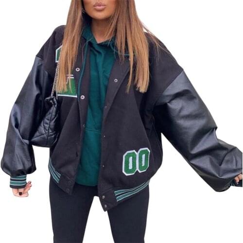 Letter Embroidery Jackets For Women Fashion Leather Long Sleeve Baseball Jackets Oversized Female Casual Jacket Coat Streetwear