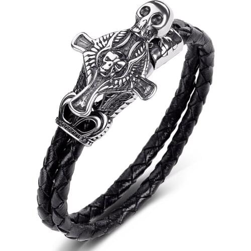 Fashion Leather Bracelet Men Jewelry Punk Stainless Steel Skull Cross Bracelets Braided Hand Bangles Male Party Wristband P524