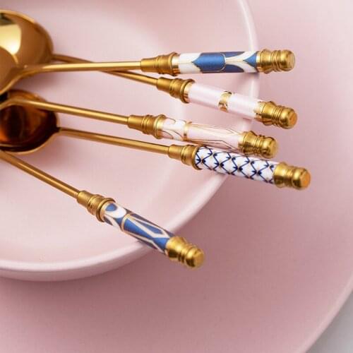 Stainless Steel Spoon Ceramic Handle Ice Cream Fruit Coffee Stirring Spoons Teaspoon Dessert Cake Honey Spoon Tableware