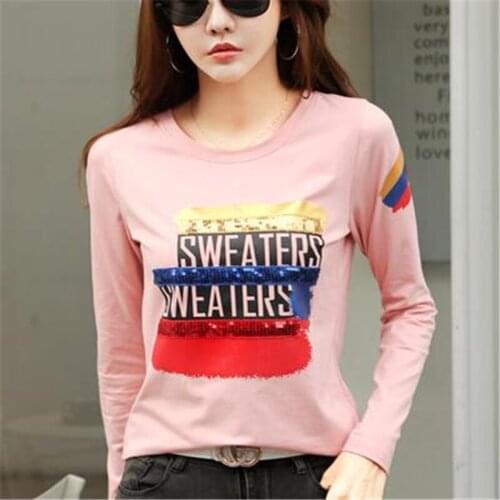 2021 Autumn New Korean Cotton Long-Sleeved T-shirt Womens Round Neck Slim Printing Sequined Top