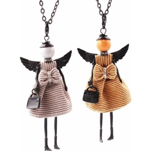 Winter Crystal Doll Wing Necklace Dress Handmade French Doll Pendant Sweater Chain Necklace 2017 News Girl Women Flower Jewelry