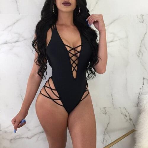 Sexy Women Beachwear Strappy Cross Back Bathing Suit Deep V Swimming Costume Solid Swimwear One Piece