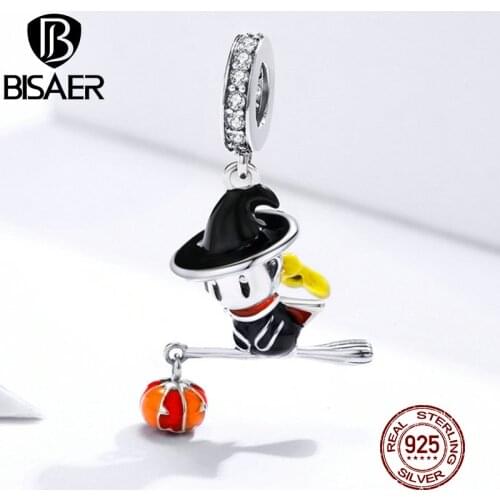BISAER Magic Witch & Pumpkin Light Charm 925 Sterling Silver Black Enemal Pendant Bead for DIY Bracelet Necklaces Jewelry EFC240