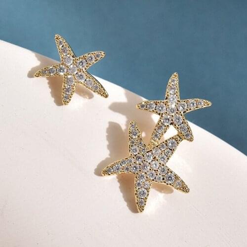 New Fashion Micro-set Zircon Gold Color Earrings Asymmetric Starfish Five-pointed Star Beach Vacation Cute Earrings Female
