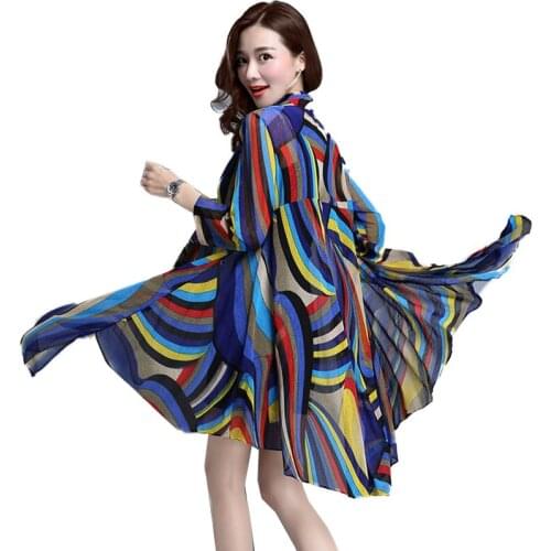 Shawl coat spring new womens large size cardigan chiffon shirt long sleeves outside shirt summer long section