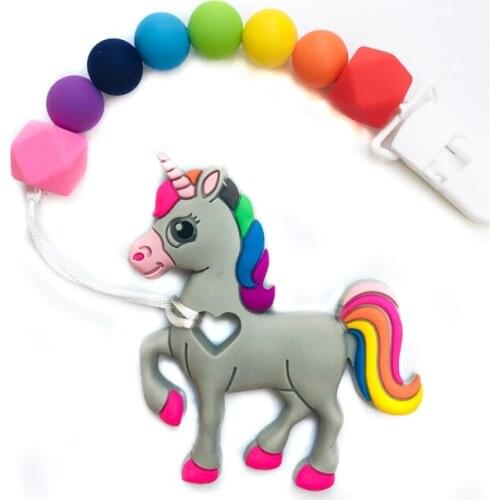 Silicone Unicorn Pacifier Clips Baby Teether Hand made Funny Colorful Bead Chew Toy Holder Pacifier Clips Soother Chain Infant