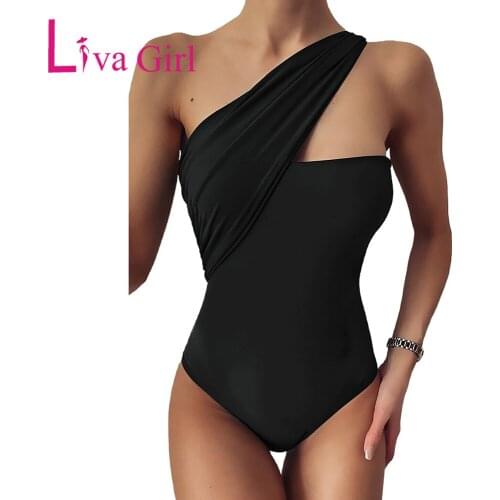 LIVA GIRL One-shoulder One-piece Swimwear Woman 2021 Summer Sexy Solid Beachweaar Female Beach Hollow Out Plus Size Bodysuit 2XL