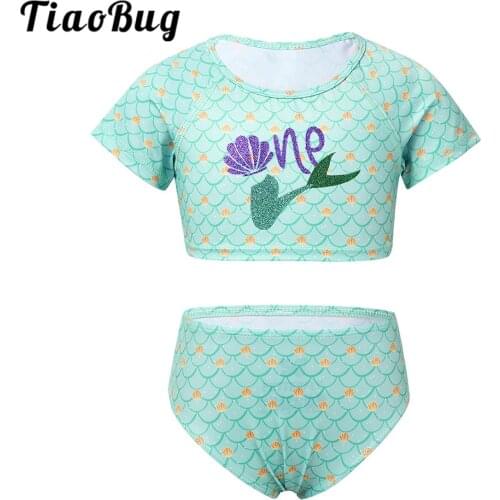 TiaoBug Summer Kids Girls Tankini Set Glittery Mermaid Tail Printed Swimsuit Swimwear Bathing Suit Tops with Bottoms Beachwear
