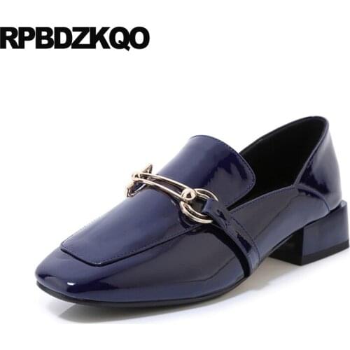 Handmade genuine leather patent metal small size block mules slipper shoes pumps low heels square toe chunky royal blue women 33