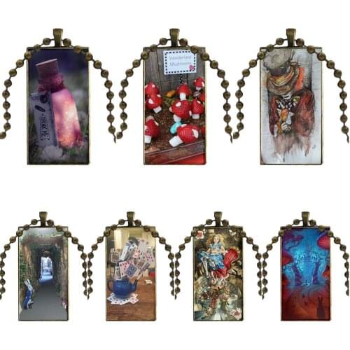 Vintage Alice In Wonderland Design Fashion Vintage Glass Women Rectangle Necklace Pendants For Girls Best Gift