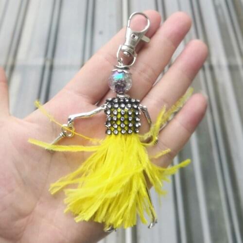 YLWHJJ brand new cute girls doll Real feather bag keychain pendant women fashion fairy maxi Rhinestone jewelry car key chain