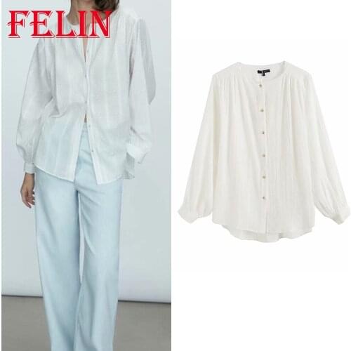 Za 2021 Office Lady Chic White Ruffles Blouses Long Sleeve Single Button 100% Cotton Dot Print Women Shirts Elegant Mujer Tops