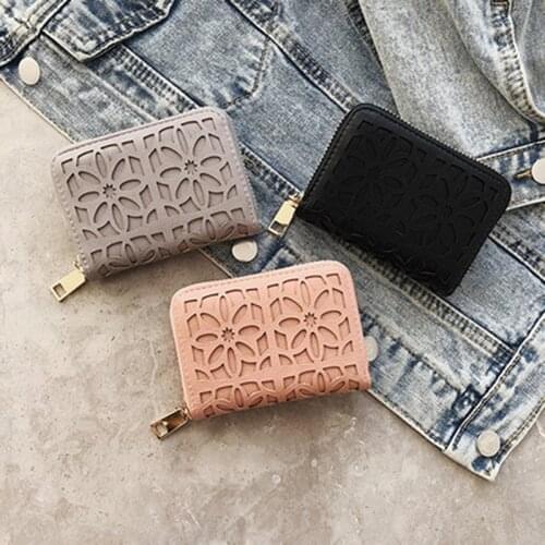 Women Hollow Card Holder Zipper Frosted Leather Business Card Case Coin Purse Passport Cover Cards Wallet