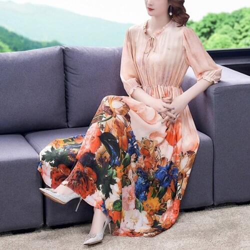 New Floral Printing Waist A-line Dress Half Sleeve Women Party Costumes Summer Elegant Lace Stitching Long Dresses Vestidos