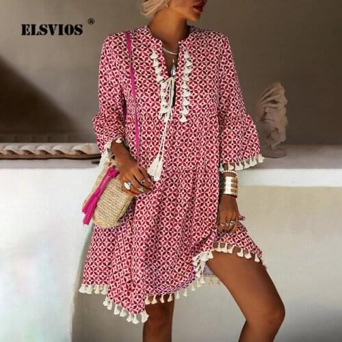 Casual Retro Print Lady Dress Womens Sexy V-Neck Loose Lotus Sleeve Tassel Vestidos Autumn Summer Elegant Party A-Line Dresses