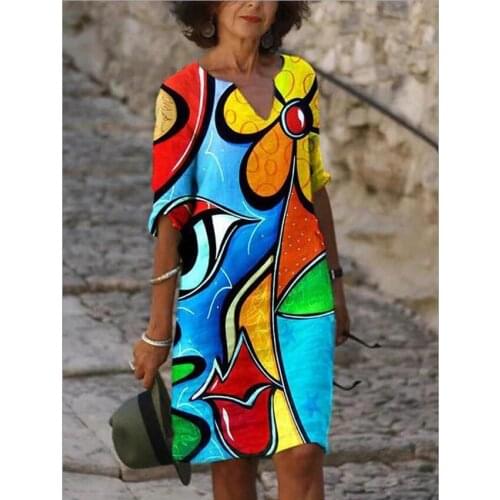 2021 New Women Printing Dress Summer V-Neck Half Sleeve A-Line Dresses Female Retro litera Vintage Loose Dress Vestidos 4.3