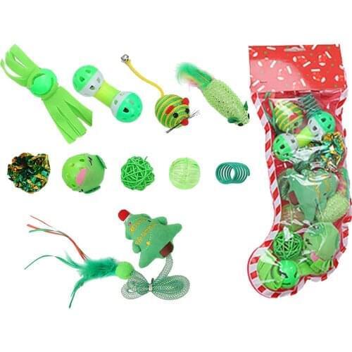10PCS Cat Toy Christmas Set Assorted Cat Spring Cat Mouse Toy Cat Doll Ball Feather Toy Pet Funny Favor Toy Interactive Toys