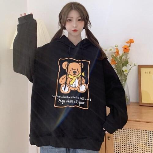 2021 American Street Bear Hoodie Womens Loose Korean Fashionable Ins Idle Style BF High Street Thin Oversize Top