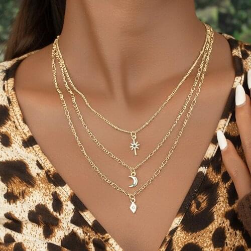 2021 Ins Gold Chain Triple Layers Star Crescent Moon Palm Tree Piercing Pendant Choker Necklace Korean Fashion Jewelry