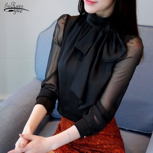 2021 New Fashion Spring Women Blouse and Tops Long Sleeve Tie Bow Chiffon Women Shirts White Black Female Clothing 0599 30
