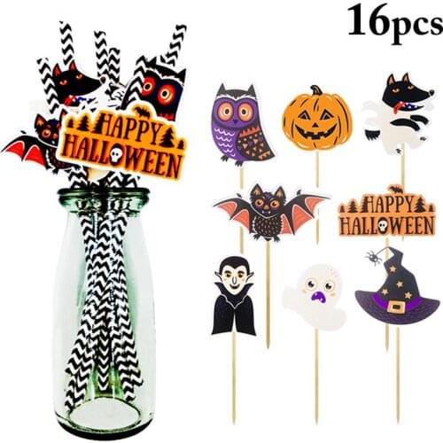 8pcs Cupcake Cake Topper Cupcake Topper Cake Top Flags Decoration with 8 Party Straws Halloween Party Decoration Supplies