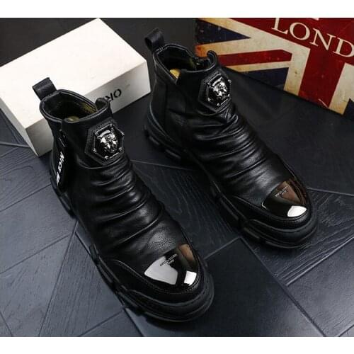 2020 Men Fashion Casual Ankle Boots Spring Autumn Flock Leather Metal Decoration Riding Boots High Top Hip Hop Shoes