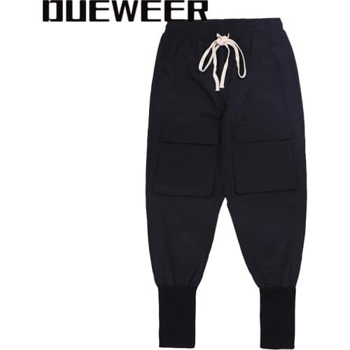 Dueweer Mens Black Cargo Pants Urban Streetwear Men Sweatpants Multiple Pockets Elasticity Drawstring Baggy Joggers