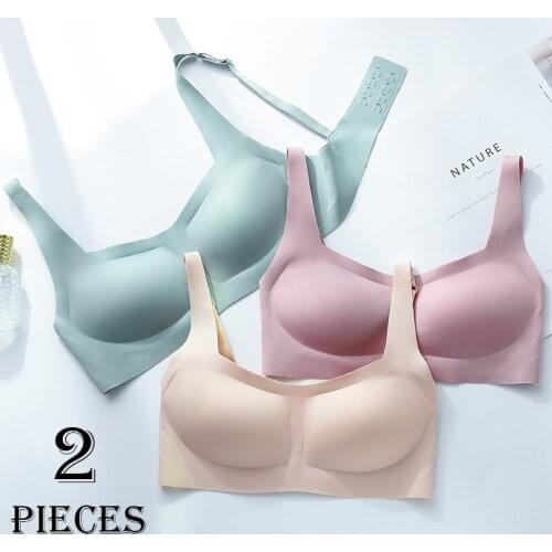 2pcs/set No Trace No Steel Ring One Piece Women Underwear Vest-style Bra Big Breasts Gathered Pure Color Bra