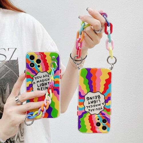 Rainbow Bracelet Lanyard Phone Cases For iPhone 12 11 Pro Max X XS XR 7 8 Plus 12 Mini Camera Protection Cute Chain Soft Shell