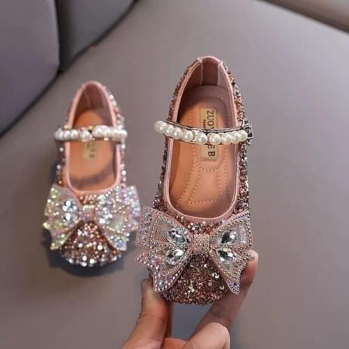 Childrens Shoes Pearl Rhinestones Shining Kids Princess Shoes Baby Girls Shoes for Party and Wedding Pink Silver