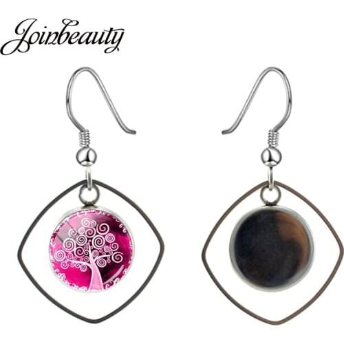 JOINBEAUTY Romantic Tree Of Life Square Drop Earrings Glass Cabochon Dome New Fashion Dangle Earrings For Beautiful Girl B299