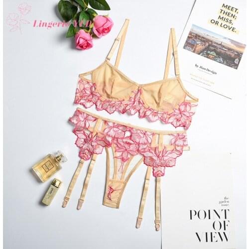 Embroidery Mesh Sexy Push Up Underwear Three-Piece Set Womens Lingerie Set with Garter Belt нижнее белье комплект