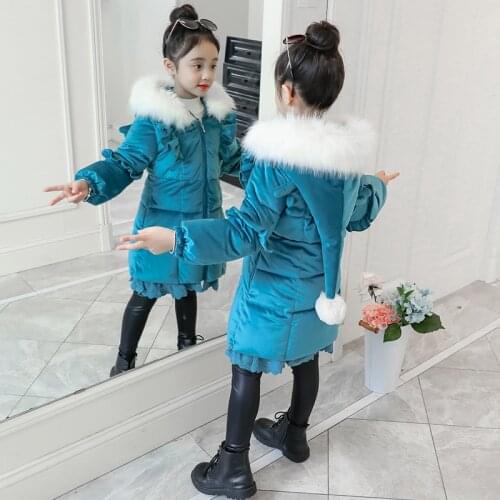 Girls Lace Cotton Padded Clothes Winter Childrens Golden Velvet Cute Hat Wadded Jacket Kids Thickened Thermal Outerwear P287