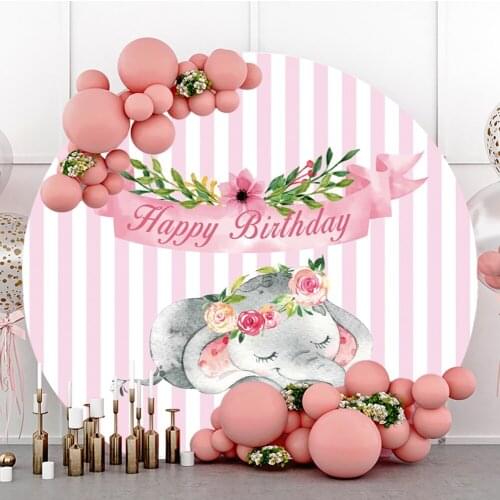 Laeacco Pink Stripes Round Cartoon Elephant Baby Birthday Polyester Backdrop Photographic Photo Background For Photo Studio