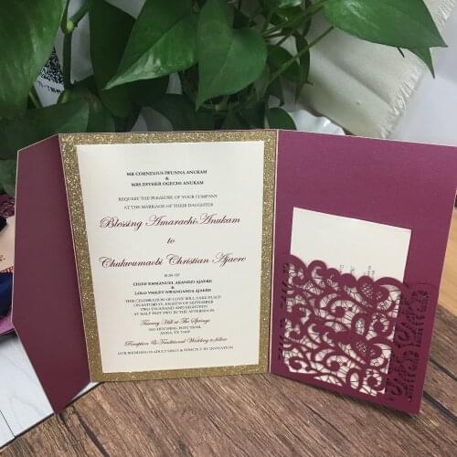 Laser cutting tri fold wedding invitation card luxury burgendy wine red pearl paper invitations personalize design