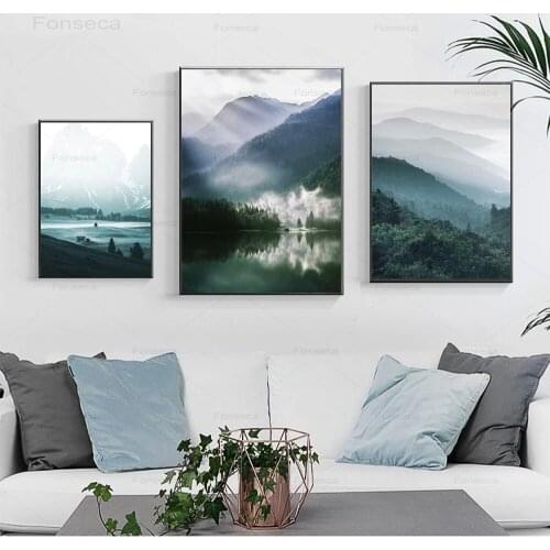 Fog Forest Wall Art Painting Mountain Lake Canvas Print Natural Scenery Poster Print Nordic Wall Pictures For Living Room Decor