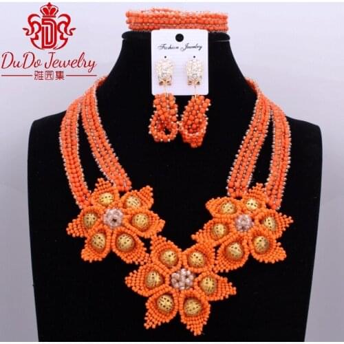 Orange And Gold Flowers Dubai Jewelry Sets 100% Handmade Jewelry Sets Brand New 3 Pics Jewelry Sets Nigerian Beads