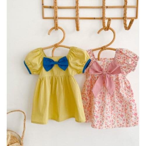 Summer Girls' Dress Korean Style Dress Positive And Negative Bowknot Square Collar Sweet Dress Baby Kids ChildrenS Clothing
