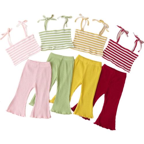Toddler Kids Girl Casual Outfits Sets, Round Neck Long Sleeve Top + Elastic Waist Stripe Long Pant Outfits Fashion Set 1-6Years