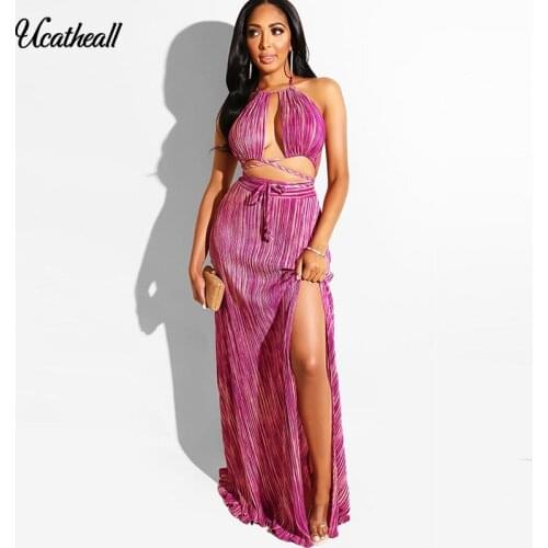 Tie-dye Casual Two Piece Suit Women Summer Sleeveless Crop Top And Skirt Set Female High Split Dress Set Club Outfits