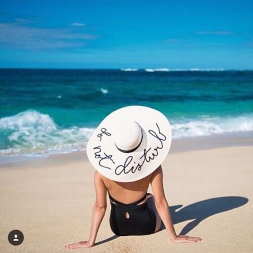 Women large summer straw hat beach hat paillette letter"do not distrub" handmade fashion raffia hat