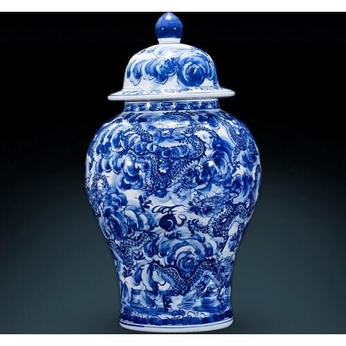 Archaize Qianlong Hand Painted Blue And White Porcelain temple Jar Jingdezhen Ceramic Vase Decoration Living Room Decoration