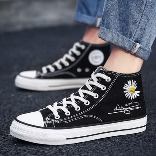 ZEEKSON High-top Student Womens Cloth Shoes Korean the Trend of Wild Mens Shoes Tide Shoes Black Couple Small Daisy Canvas