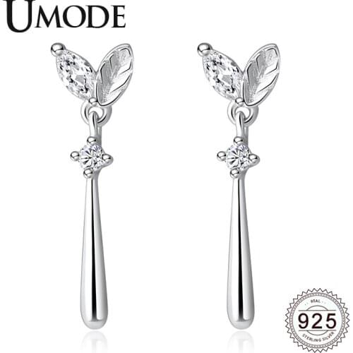 UMODE New 925 Sterling Silver Leaf Drop Earrings for Women White Gold Clear Zircon Crystal Jewelry Boucle D'oreille ALE0627